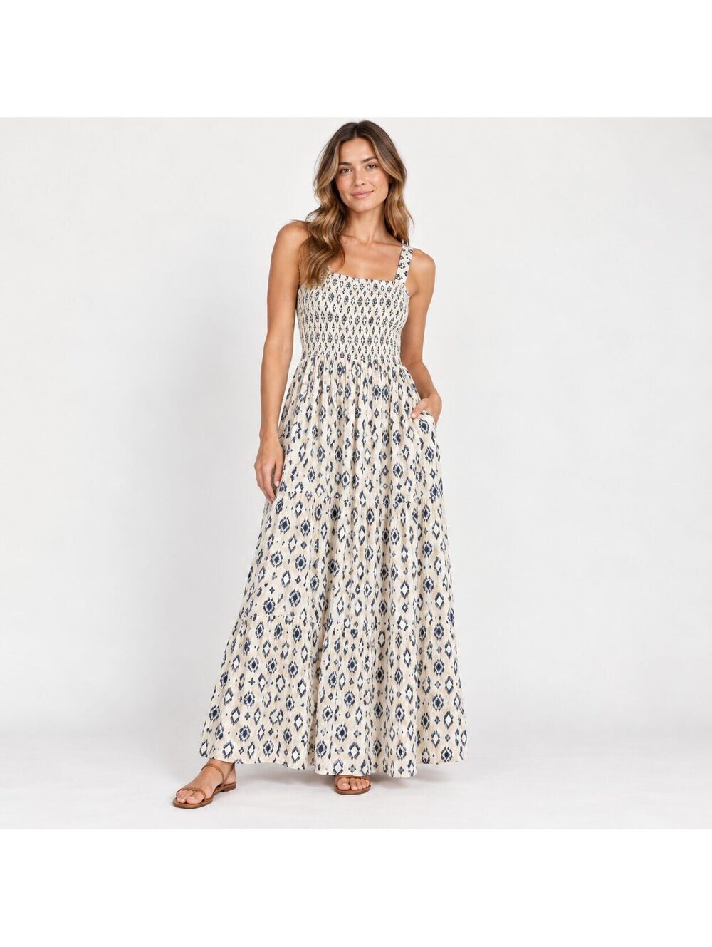 Splendid Geometric Print Smocked Maxi Dress Linen Blend Cream Navy Size S
